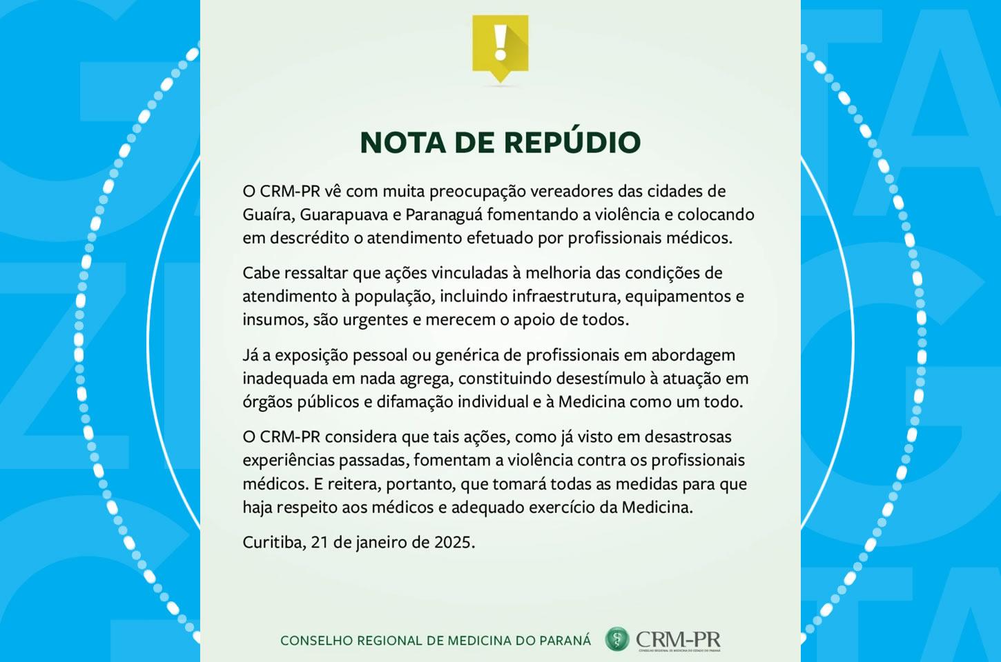CRM-PR emite nota de repúdio contra ações de vereadores, incluindo Guarapuava