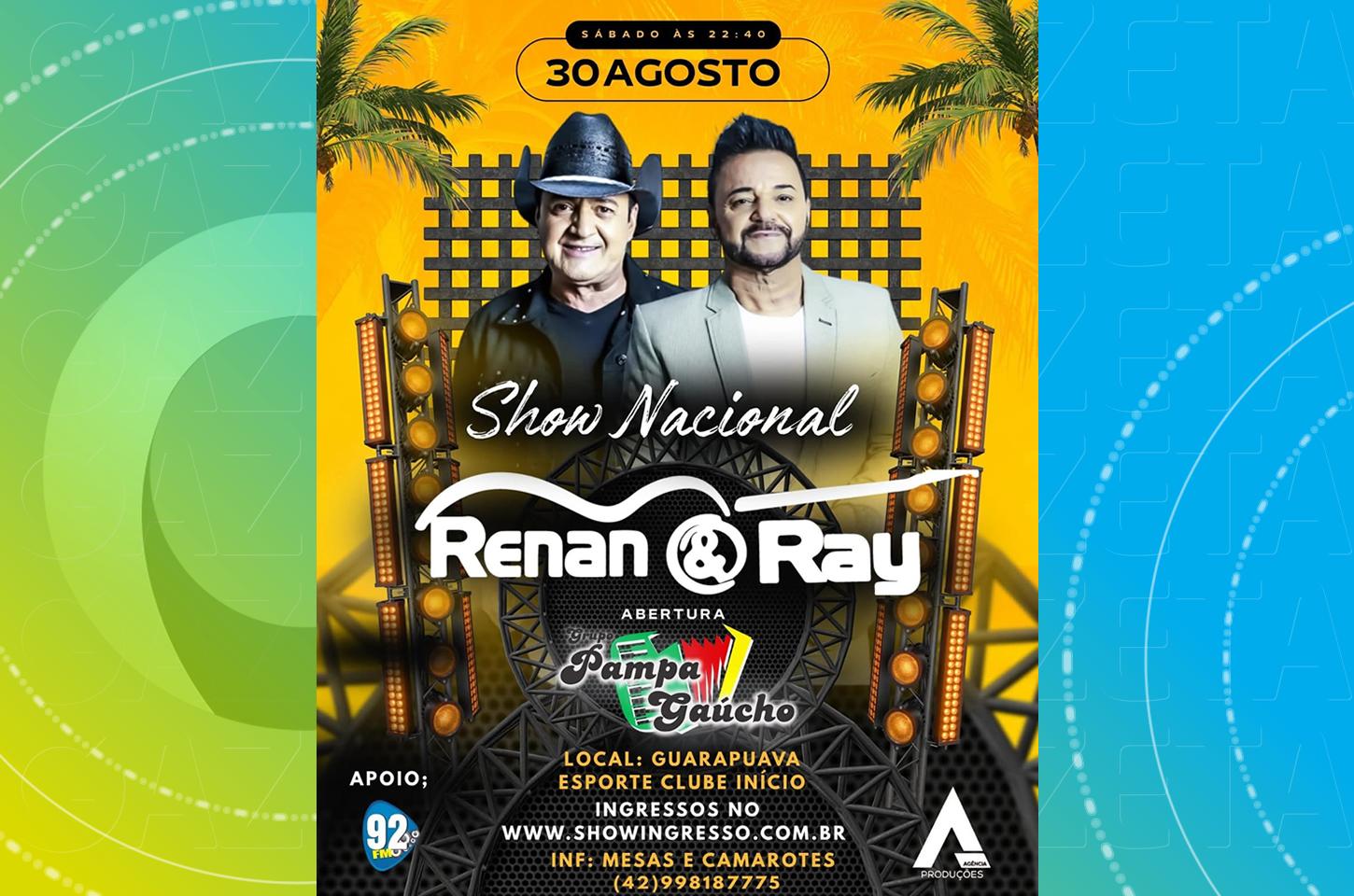 Renan e Ray retornam a Guarapuava com show nacional neste sábado