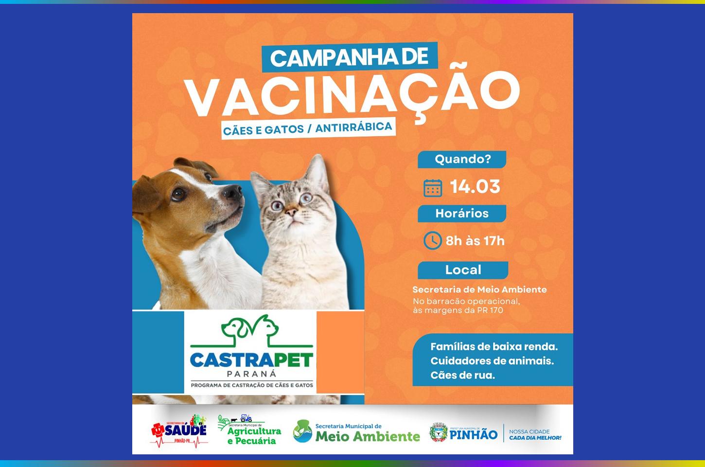 Campanha de vacinação antirrábica para cães e gatos será realizada no dia 14 em Pinhão
