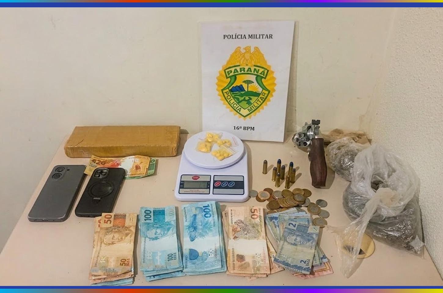 Homem com mandado de prisão em aberto é preso com drogas, arma e dinheiro em Pitanga