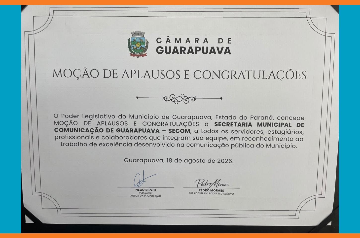 Moção de Aplausos e Congratulações foi aprovada por unanimidade